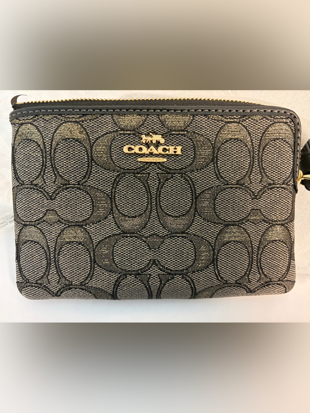NWT Coach Black Monogram Zip Wristlet with Gold Logo